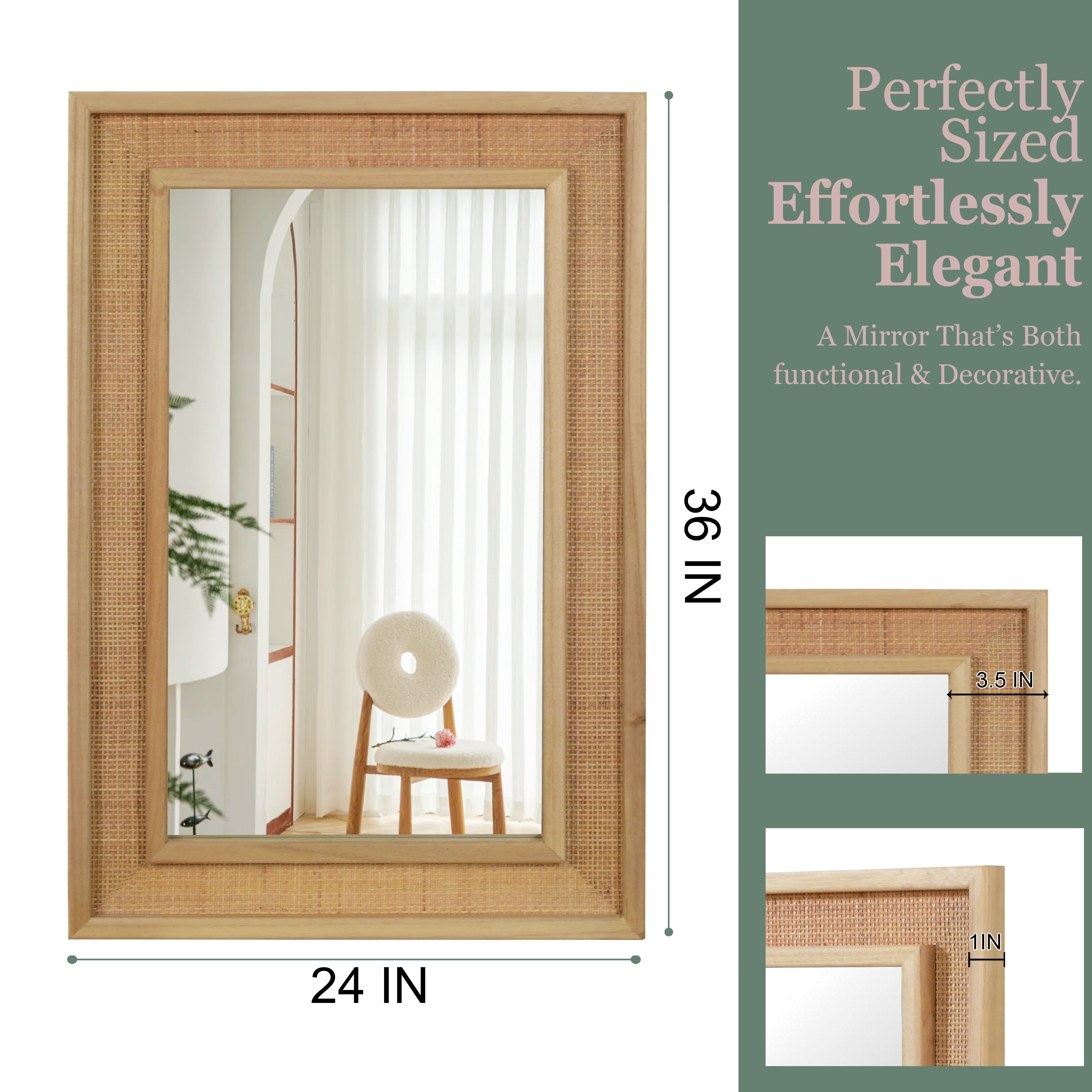 Wicker mirror with dimensions and text describing its size and elegance.