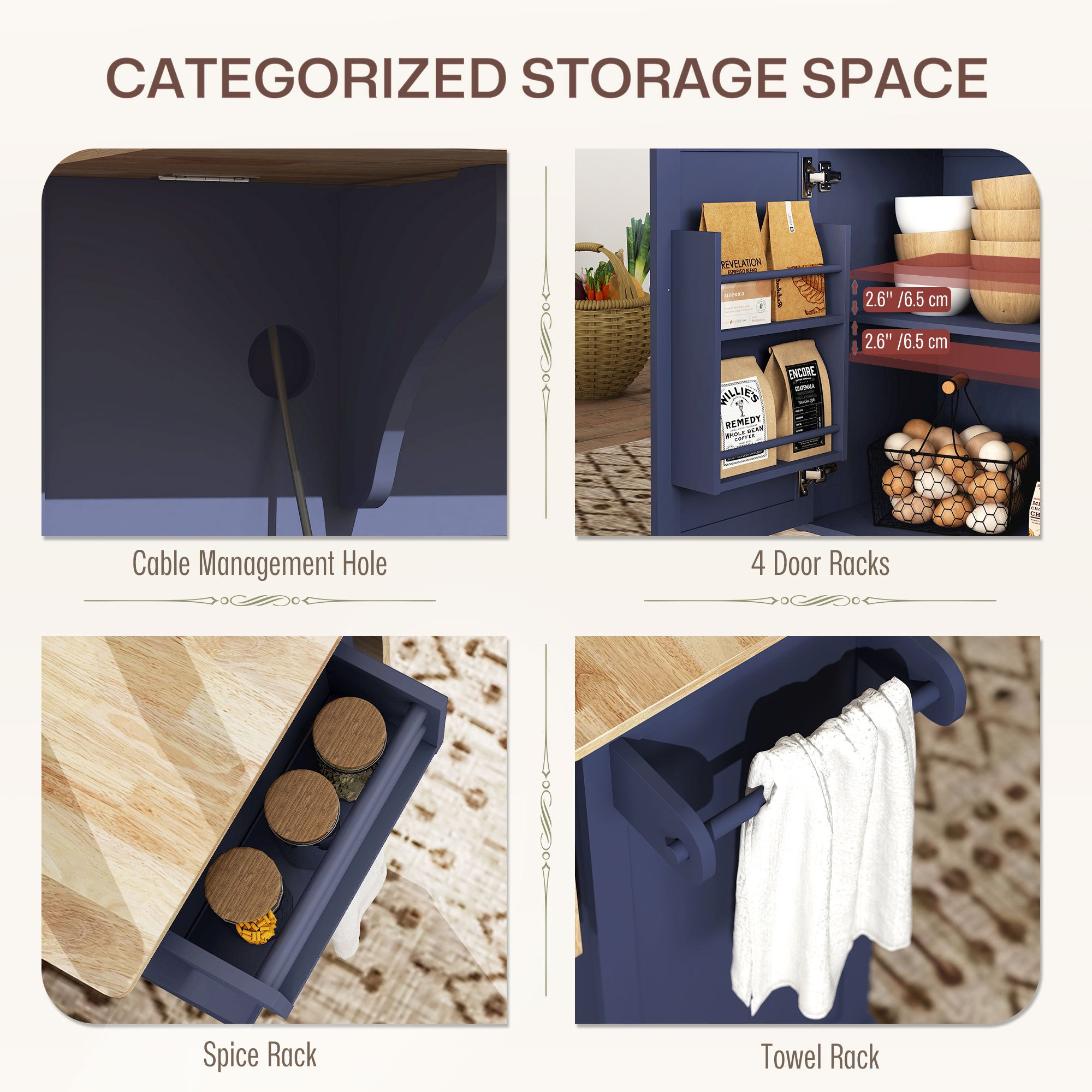 Storage space with cable management hole, 4 door racks, spice rack, and towel rack.