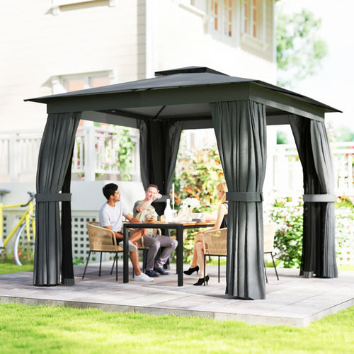 People sitting at a table under a black outdoor gazebo with curtains on a patio.