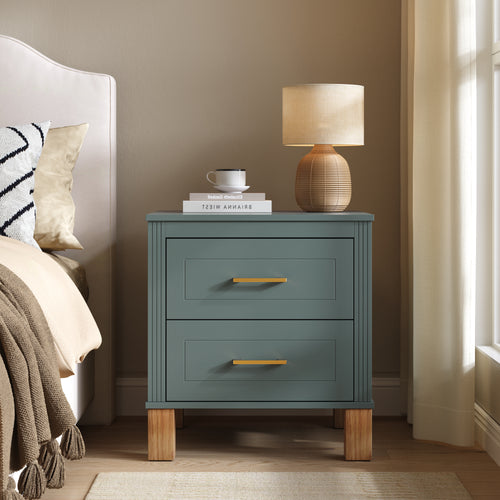 2-Drawer Mid-Century Nightstand with Fluted Design & Solid Wood Legs – Blue