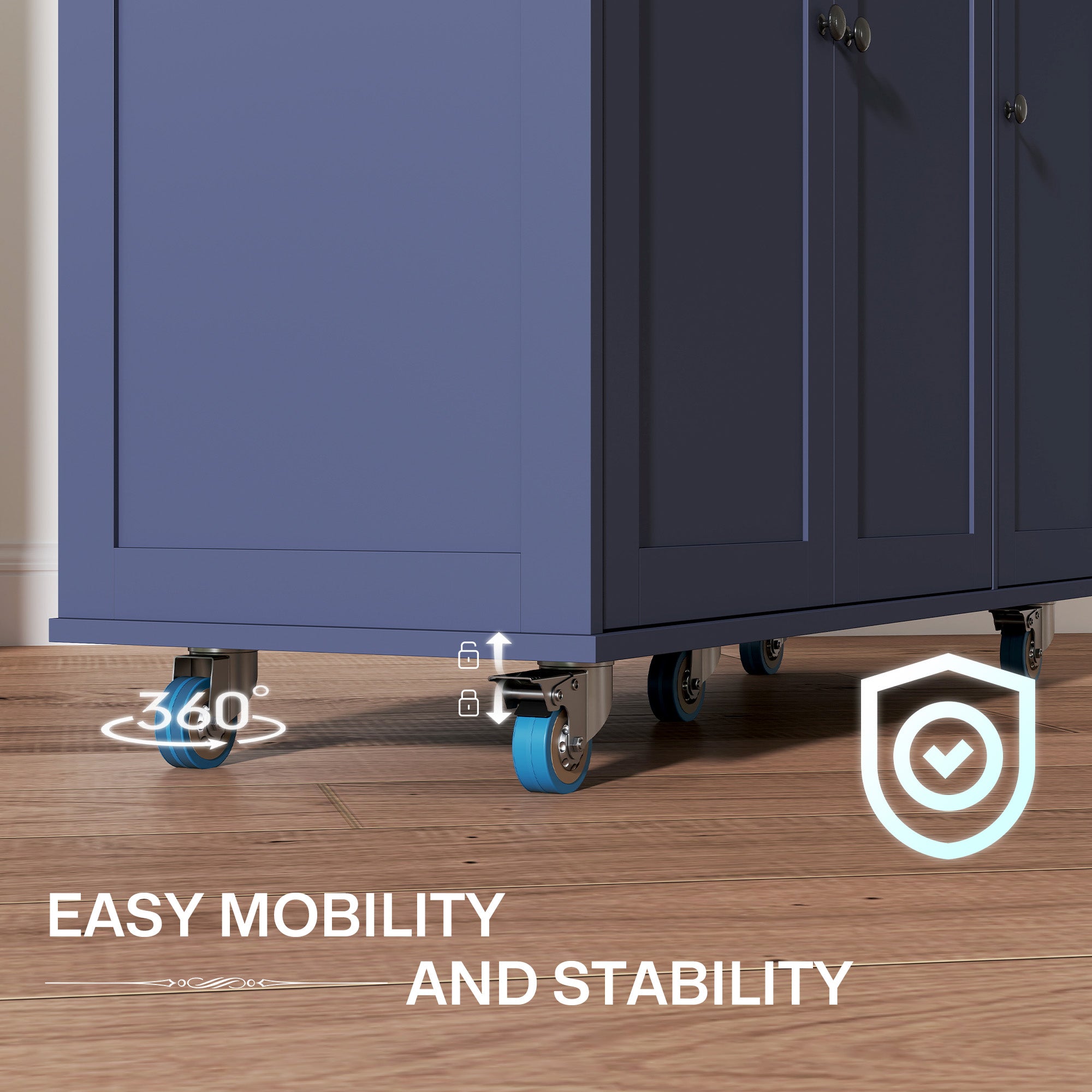 Blue cabinet on wheels with 360-degree mobility and stability features highlighted.