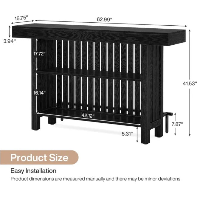 Black slatted wood bar console, 62.99 inches wide and 41.53 inches tall, with lower shelf and footrest rail