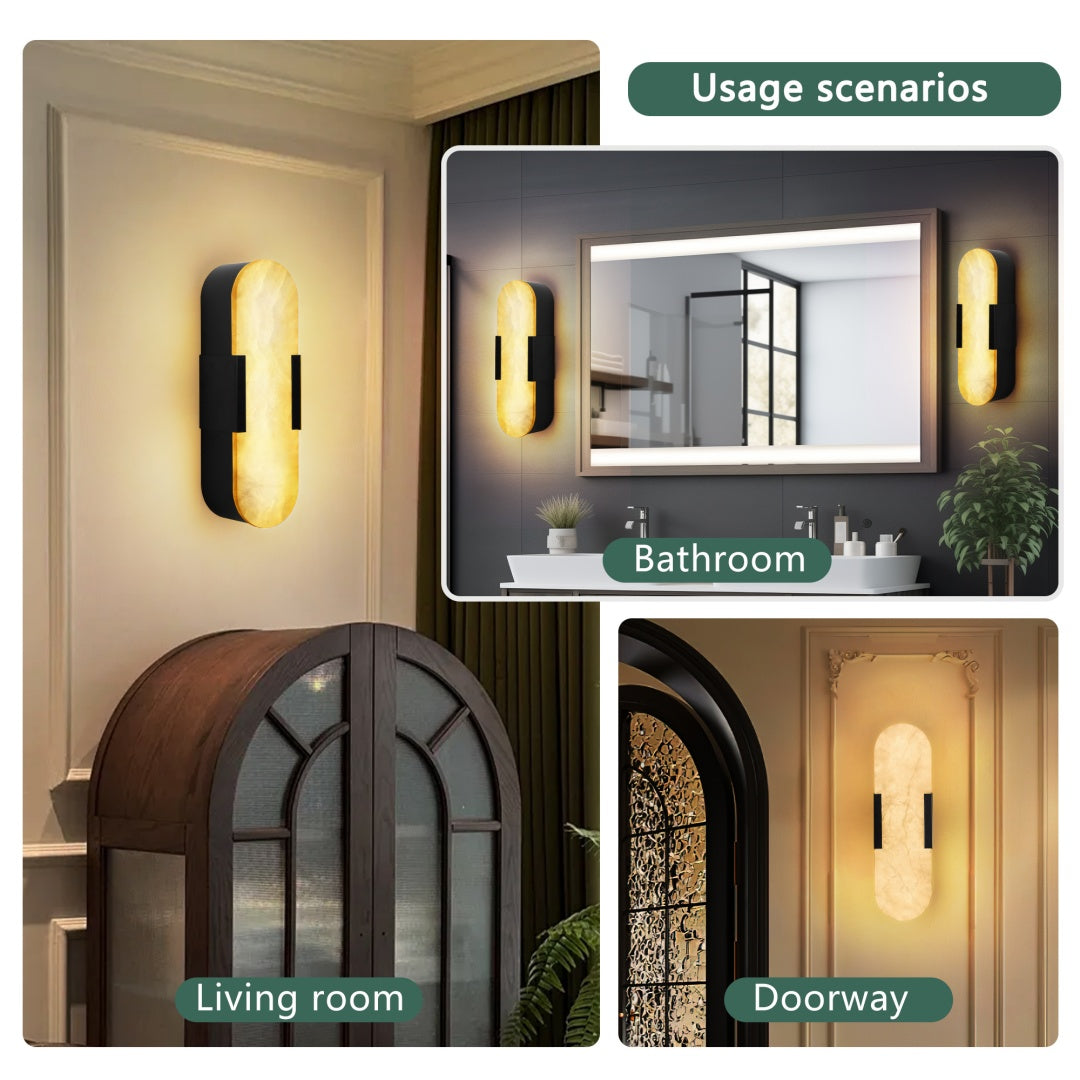 Wall-mounted light fixture shown in various settings including a bathroom, living room, and doorway.