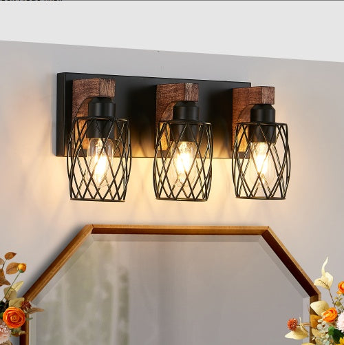 18" Industrial 3-Light Wall Sconce | Black Cage & Walnut Wood Vanity Light