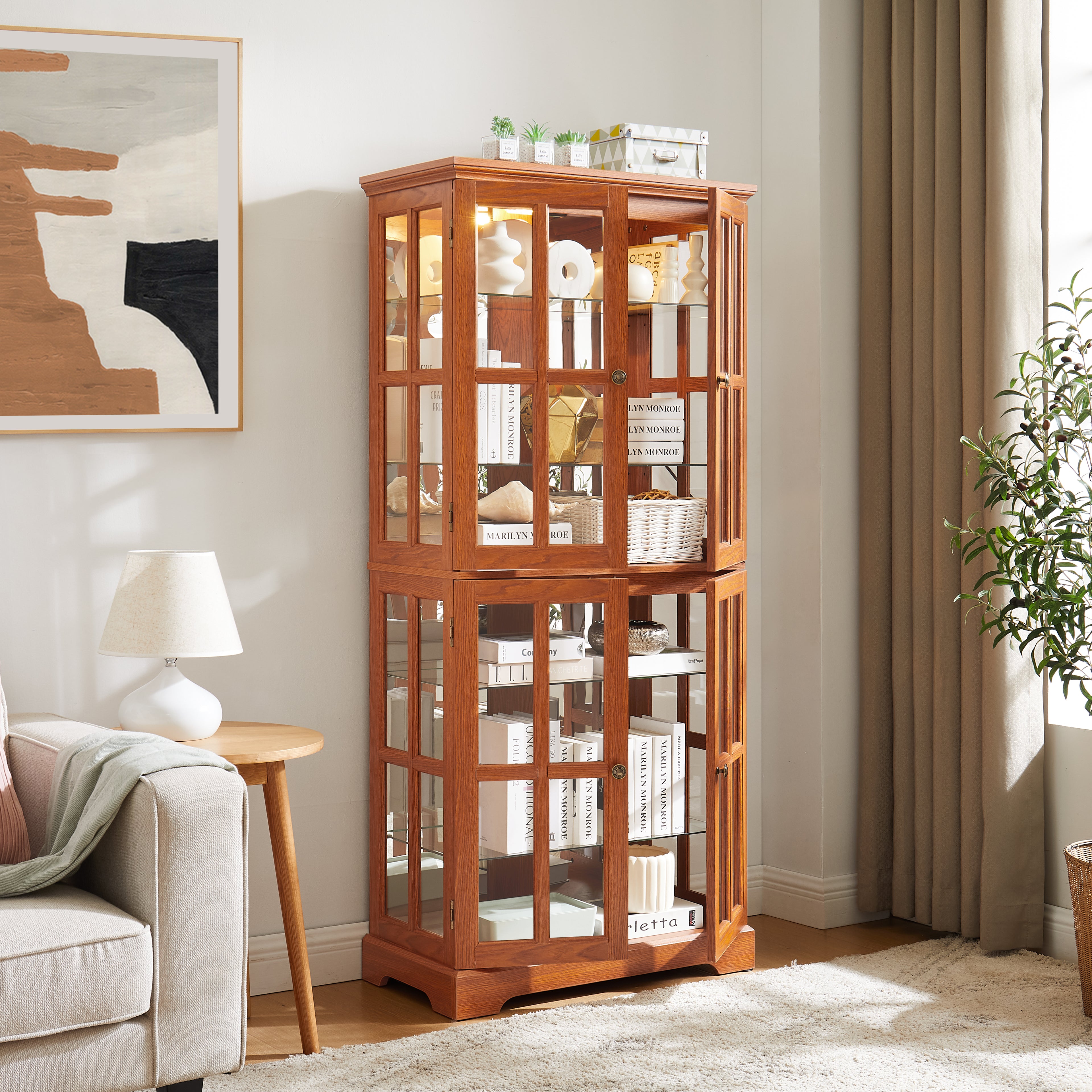 Vintage Curio Display Cabinet — Glass Doors, 4 Adjustable Shelves, Built-In Light | Dark Oak