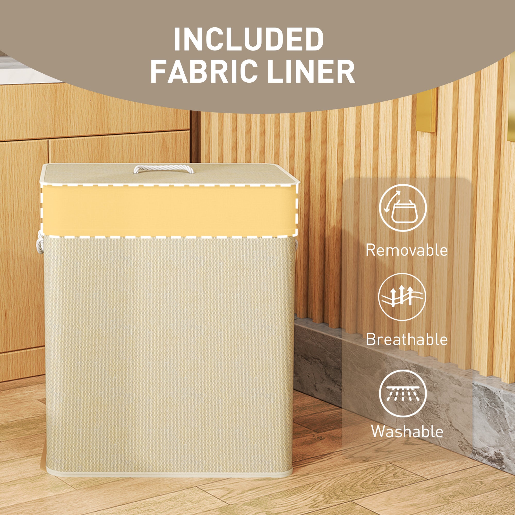 Beige laundry basket with fabric liner on a wooden floor, featuring text about included fabric liner.