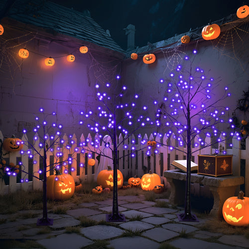 Halloween-themed outdoor scene with lit pumpkins, purple string lights, and a ghost.