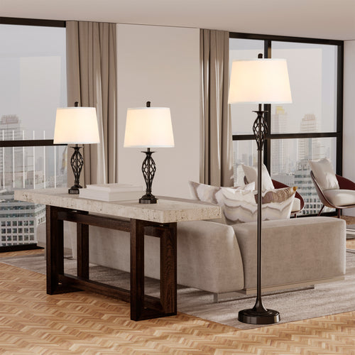 3-Piece Vintage Floor & Table Lamp Set with Fabric Shades — Black & White