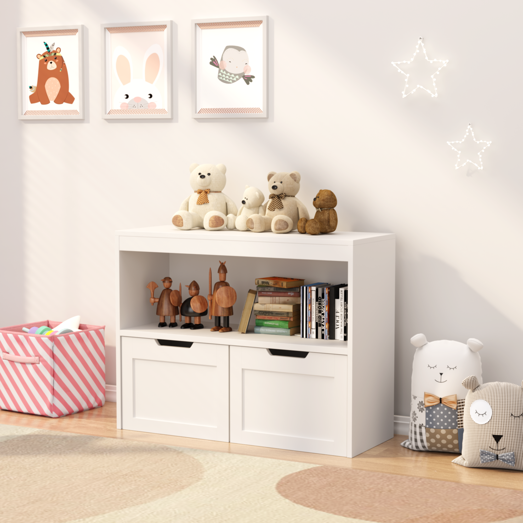 Children's room with white storage unit, teddy bears, and framed animal pictures on the wall.