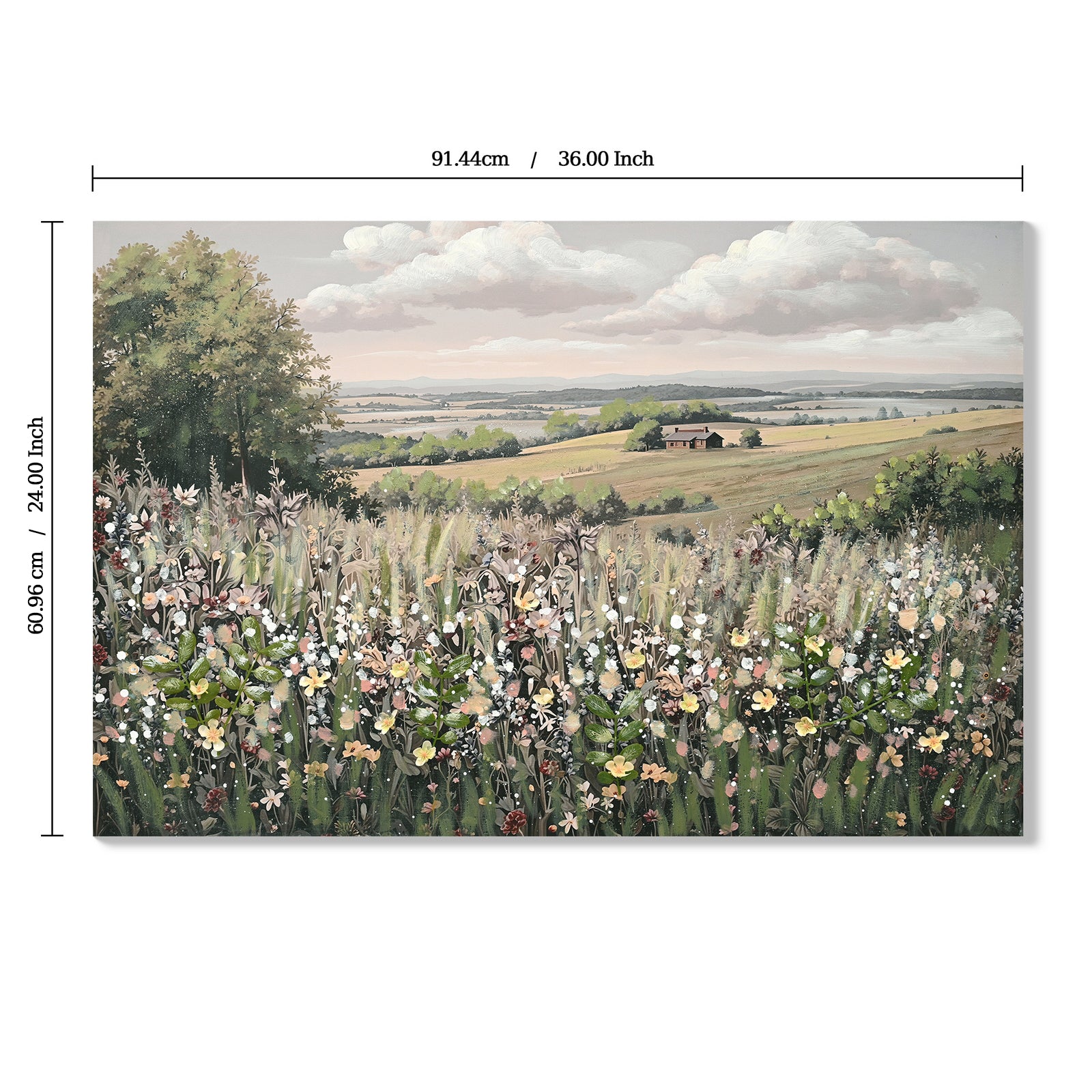 Wildflower Meadow Framed Canvas Wall Art — 3D Floral Inlay, Vintage Landscape | 24x36"
