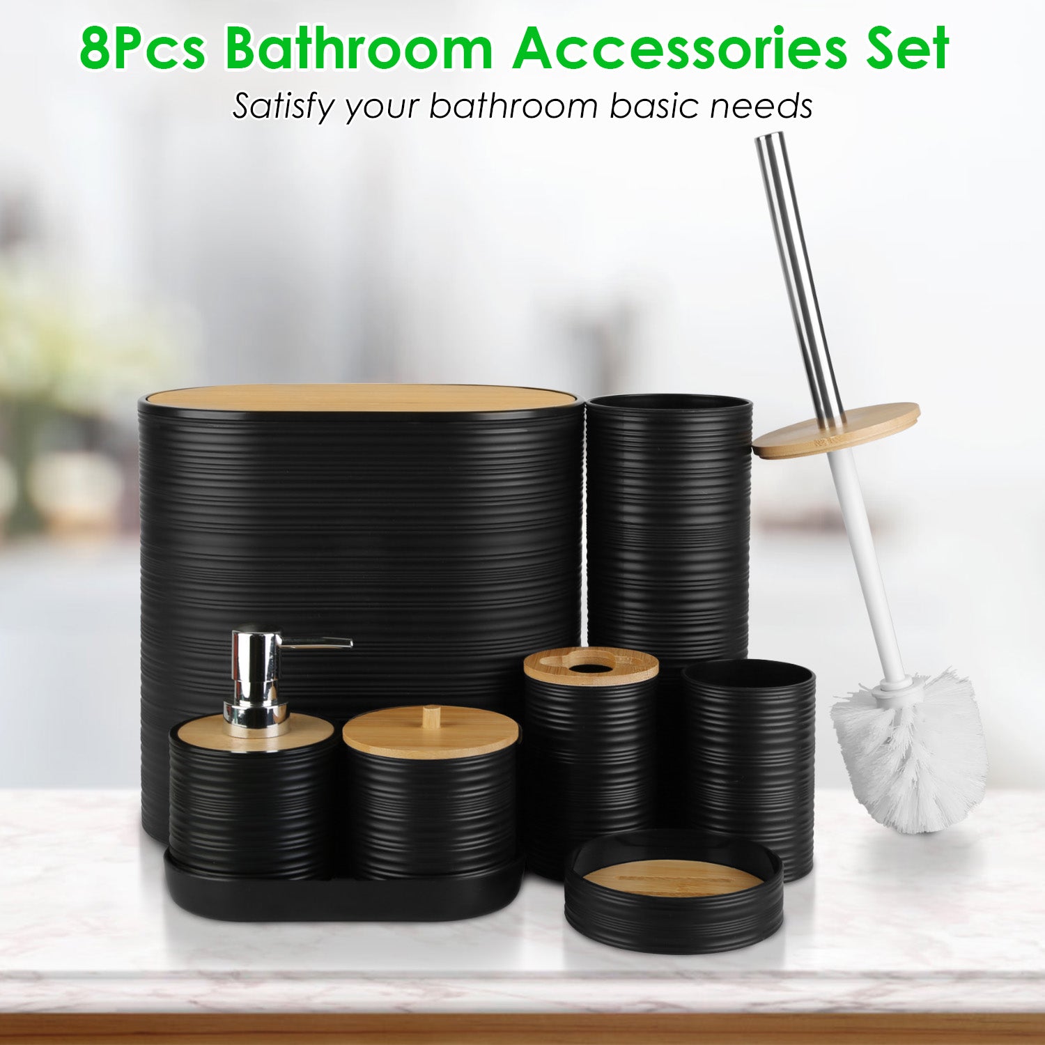 8-Piece Bathroom Accessories Set with Soap Dispenser, Toothbrush Holder, Trash Can & More – ABS & Bamboo
