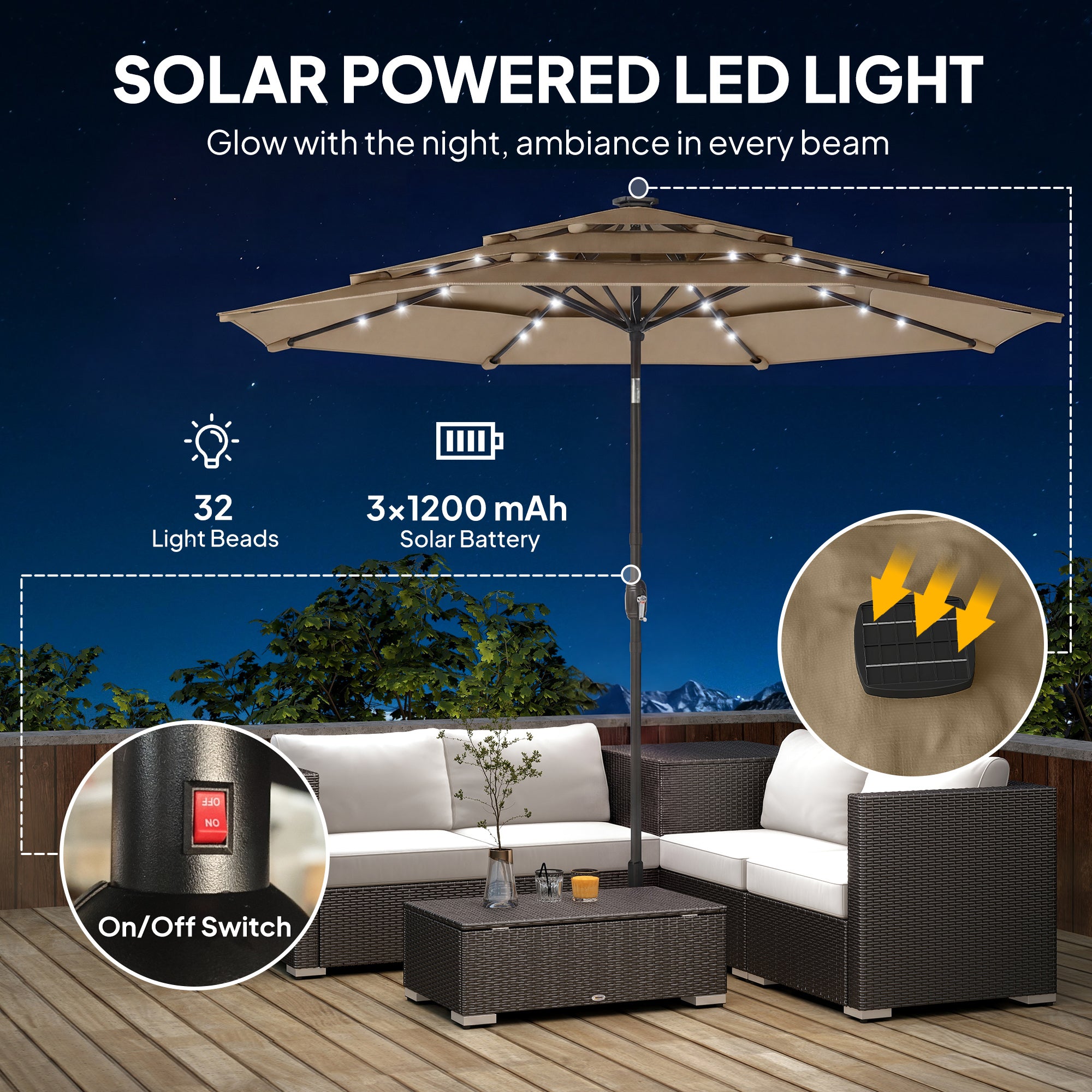 Solar-powered LED light on an outdoor patio with furniture and night sky.