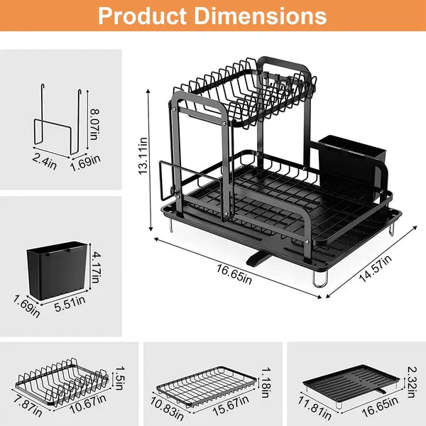 Dish rack with dimensions displayed on a white background