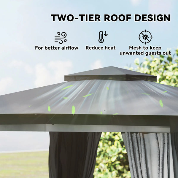 Two-tier roof design of a gazebo with text explaining its benefits.
