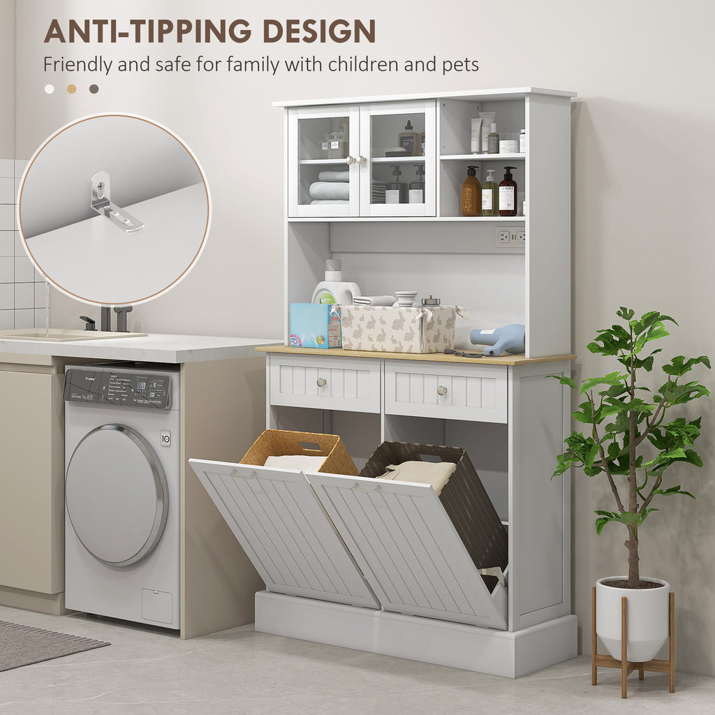 White storage cabinet with anti-tipping design in a kitchen setting, featuring a washing machine below.