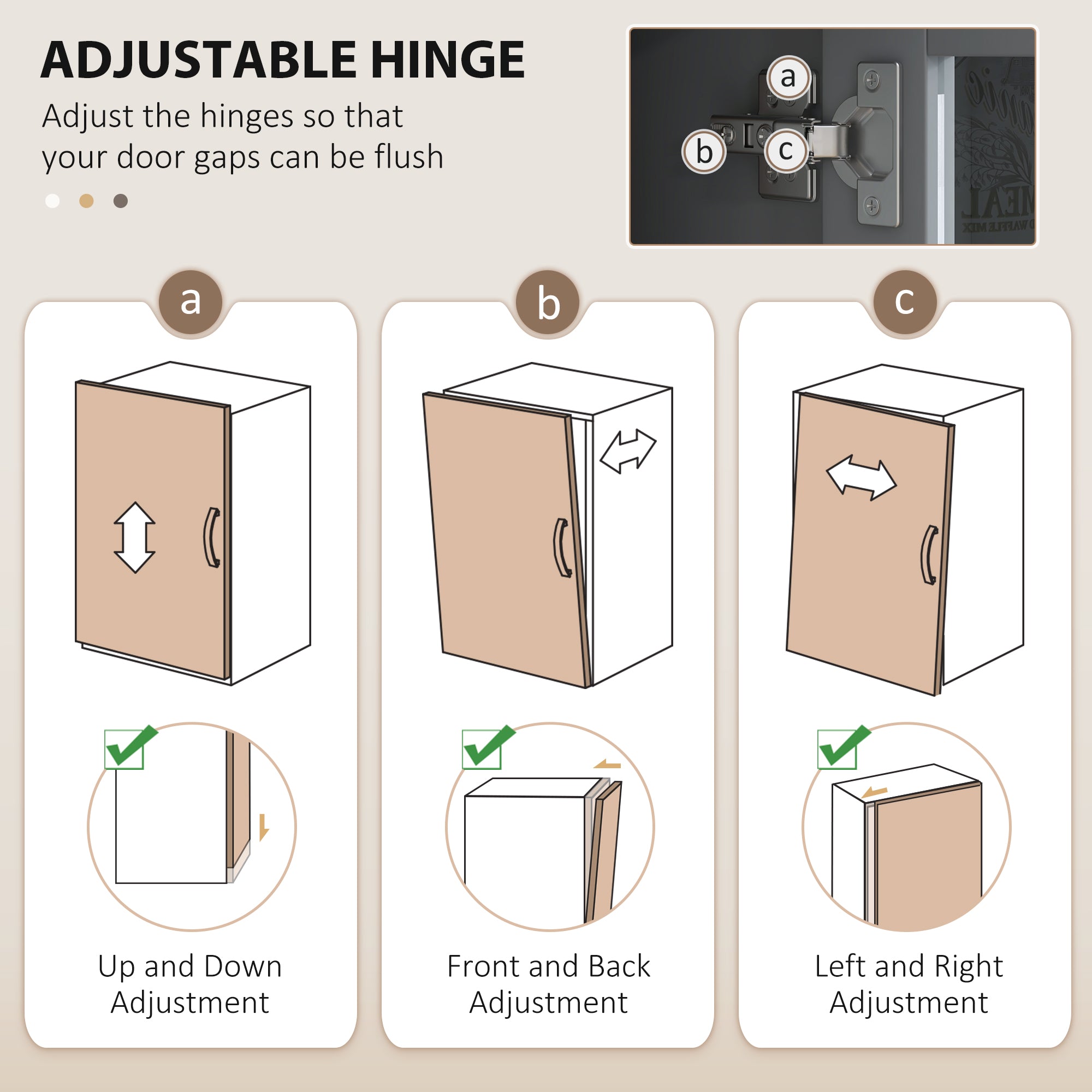Instructions for adjusting door hinges with diagrams and text on a beige background
