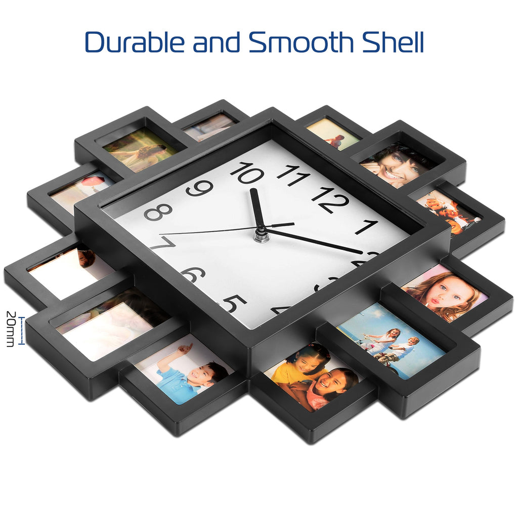 Wall clock with multiple photo frames around the edge on a white background