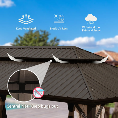 14x22 FT Hardtop Gazebo with Galvanized Steel Double Roof & Aluminum Frame – Brown