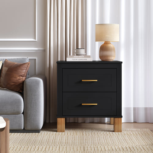 2-Drawer Mid-Century Nightstand with Fluted Design & Solid Wood Legs – Black