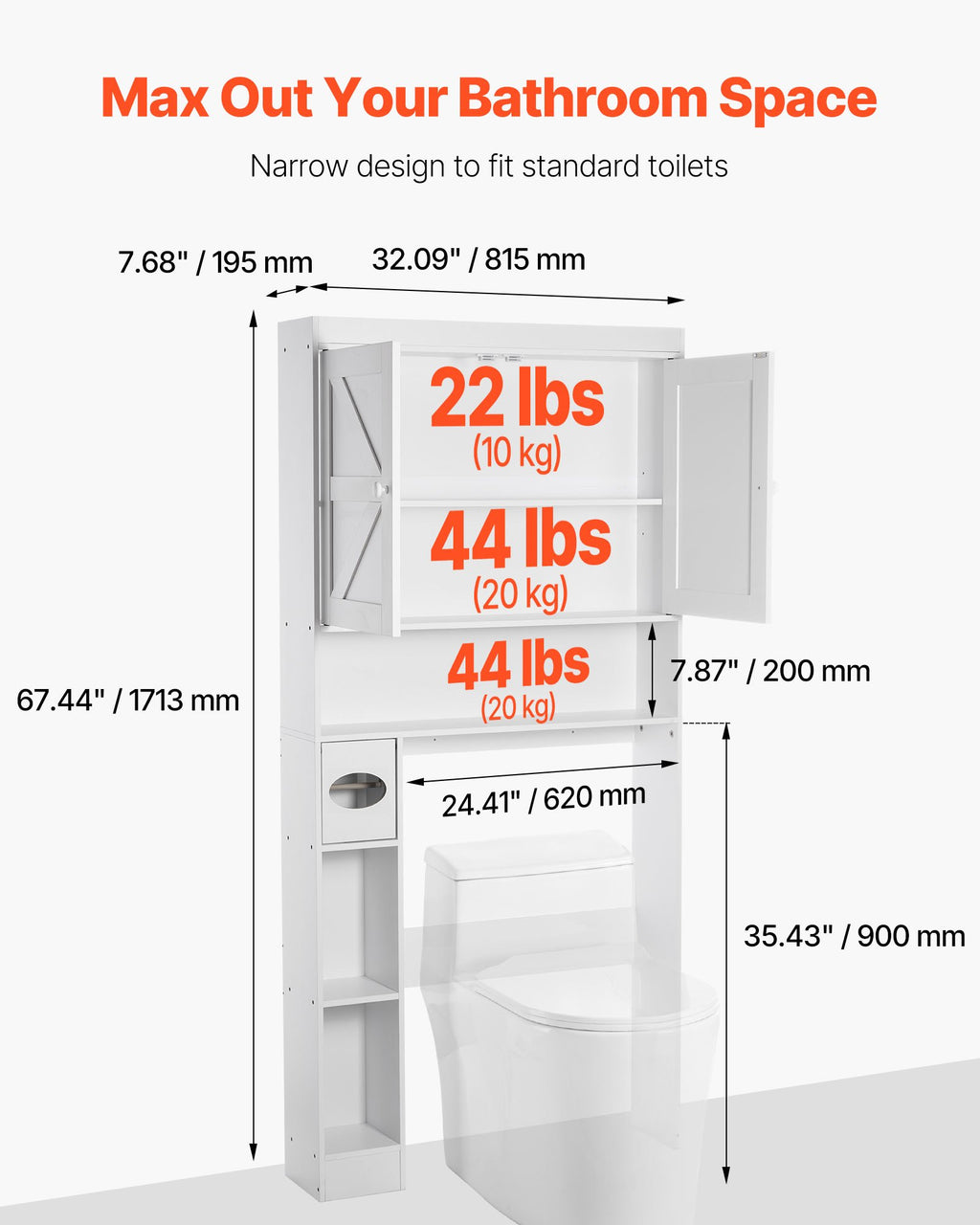 Measurement chart for a bathroom storage unit with dimensions and weight capacity.