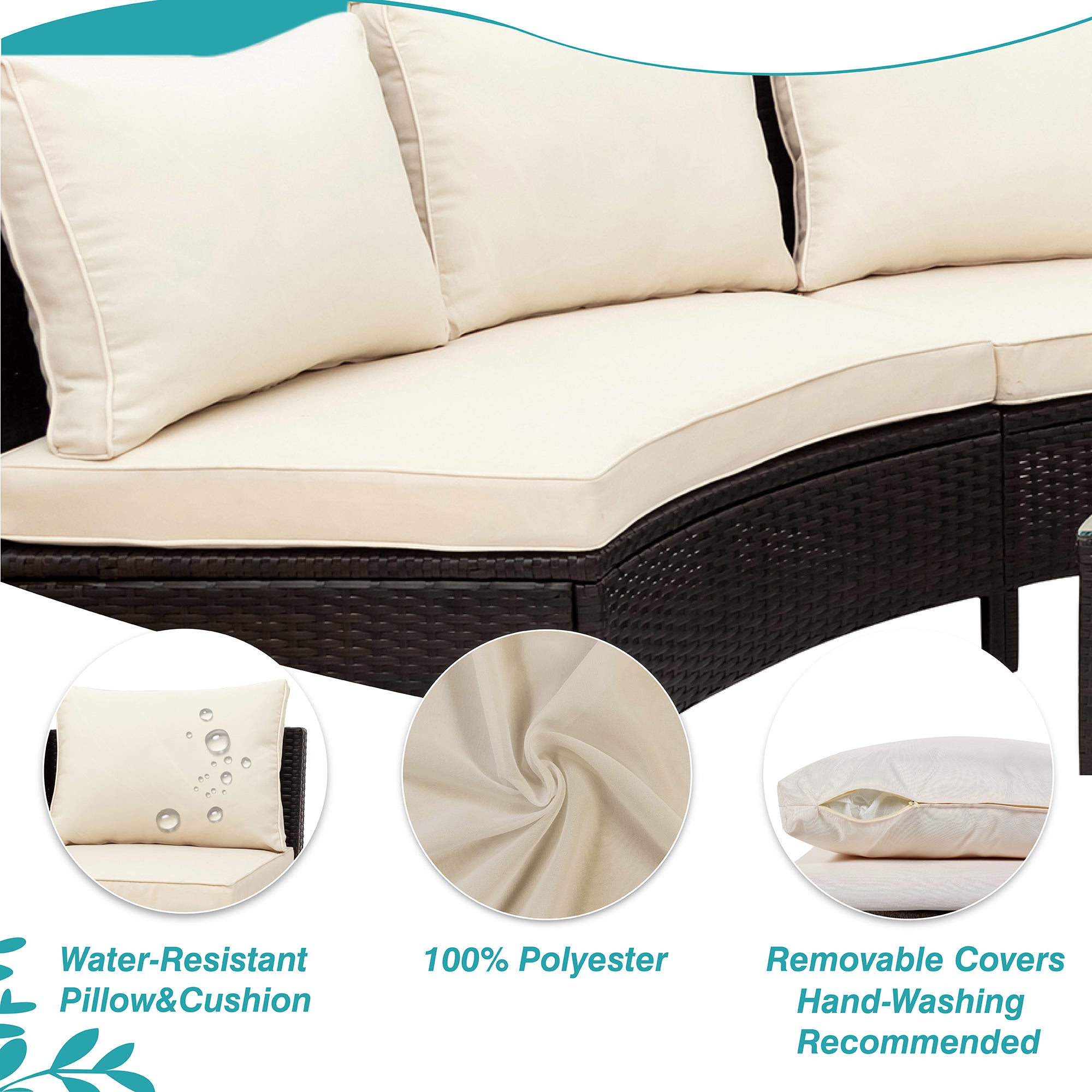 Beige cushions on a wicker outdoor sofa with water-resistant and removable cover features.