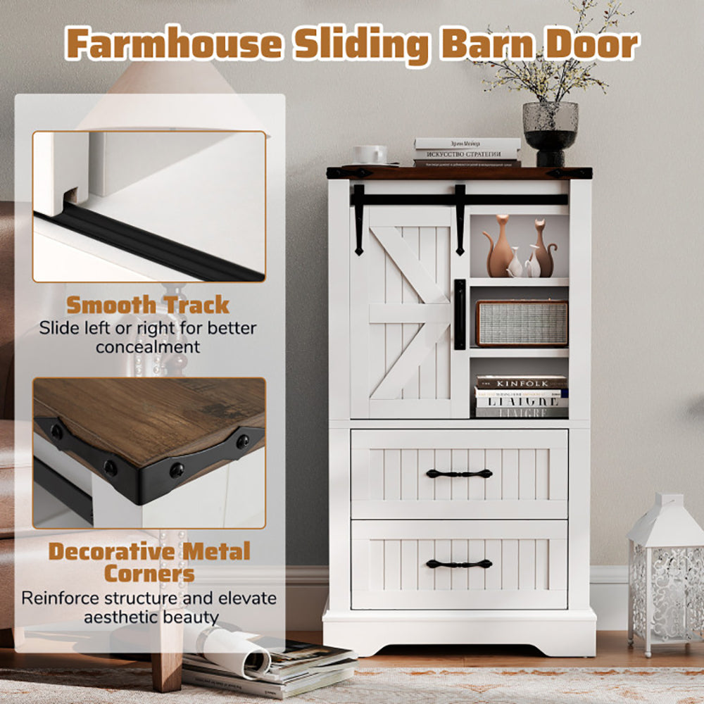 White cabinet with a barn door design, featuring smooth track and decorative metal corners, in a home setting.