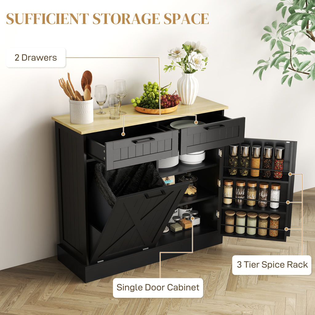 Black storage cabinet with open doors showing various items on a wooden floor.