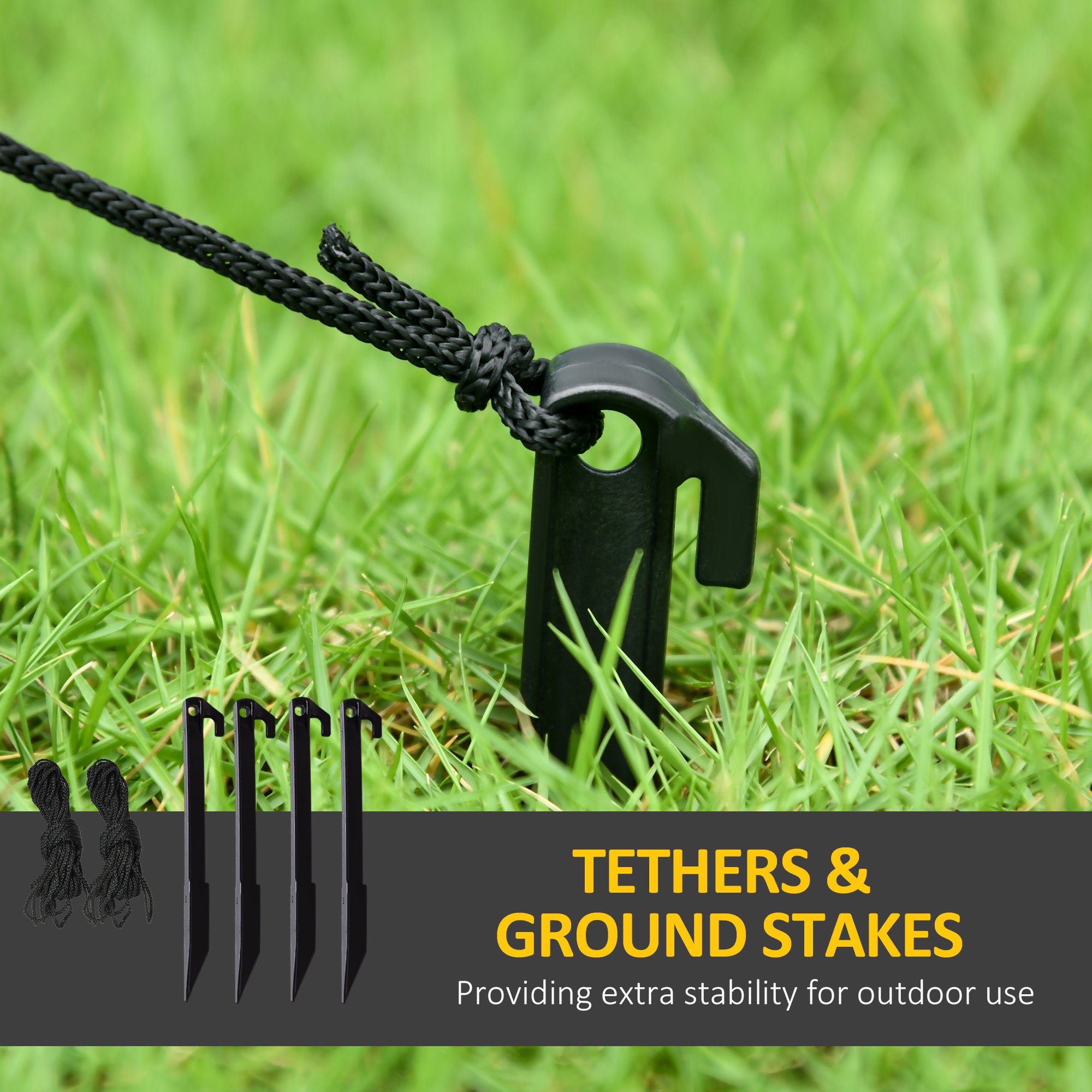 Black tethers and ground stakes on grass with text indicating their use for outdoor stability.