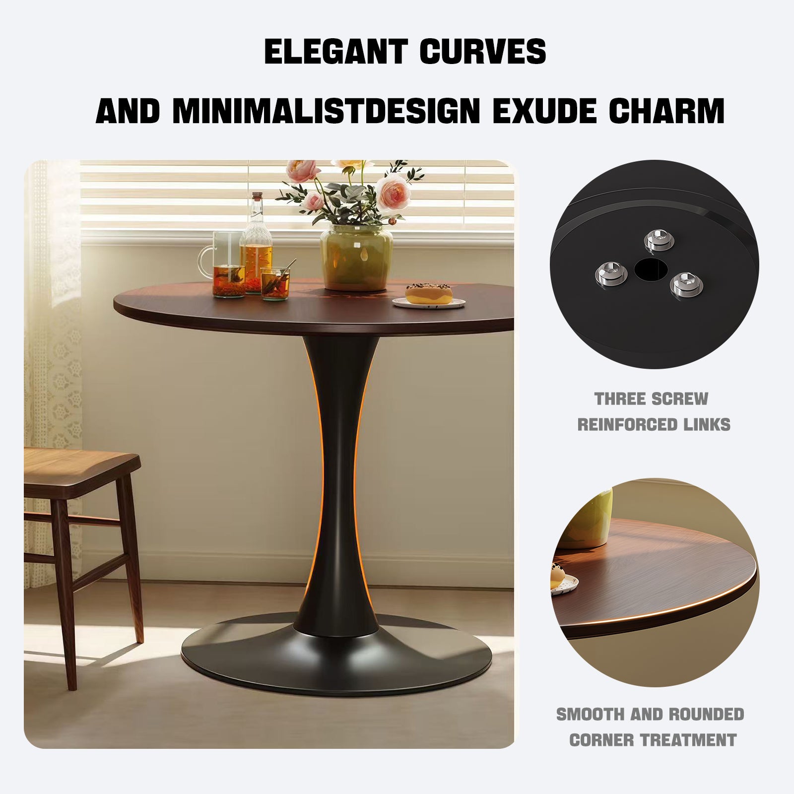 Dining table with elegant curves and minimalist design, featuring close-up details and text on a neutral background.