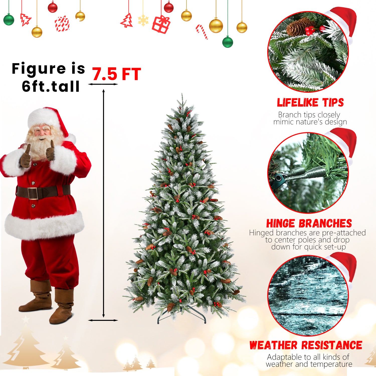 PE/PVC Christmas Tree with Red Berries & Pine Cones – 4ft to 9ft | Realistic Holiday Tree