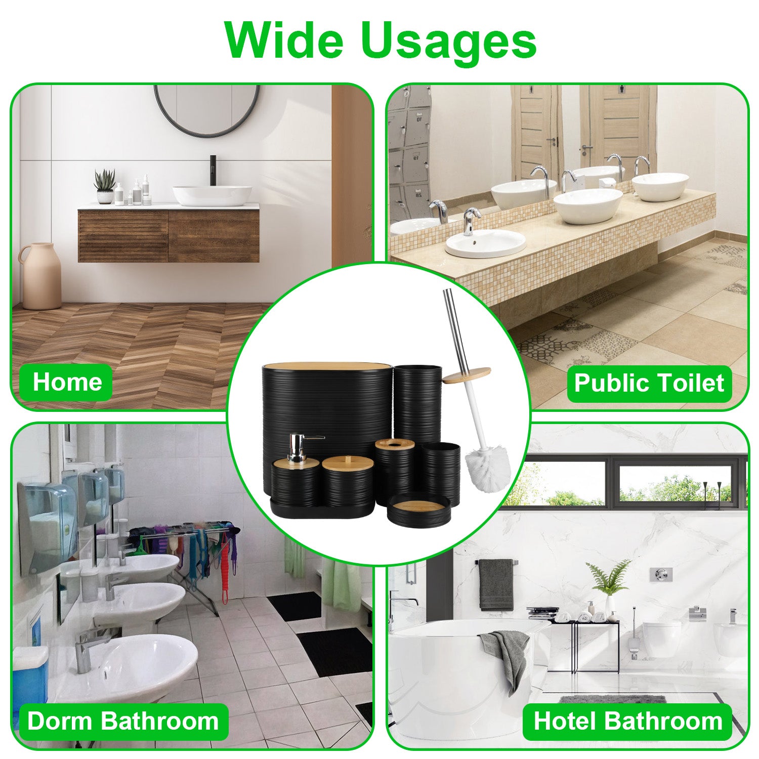 8-Piece Bathroom Accessories Set with Soap Dispenser, Toothbrush Holder, Trash Can & More – ABS & Bamboo