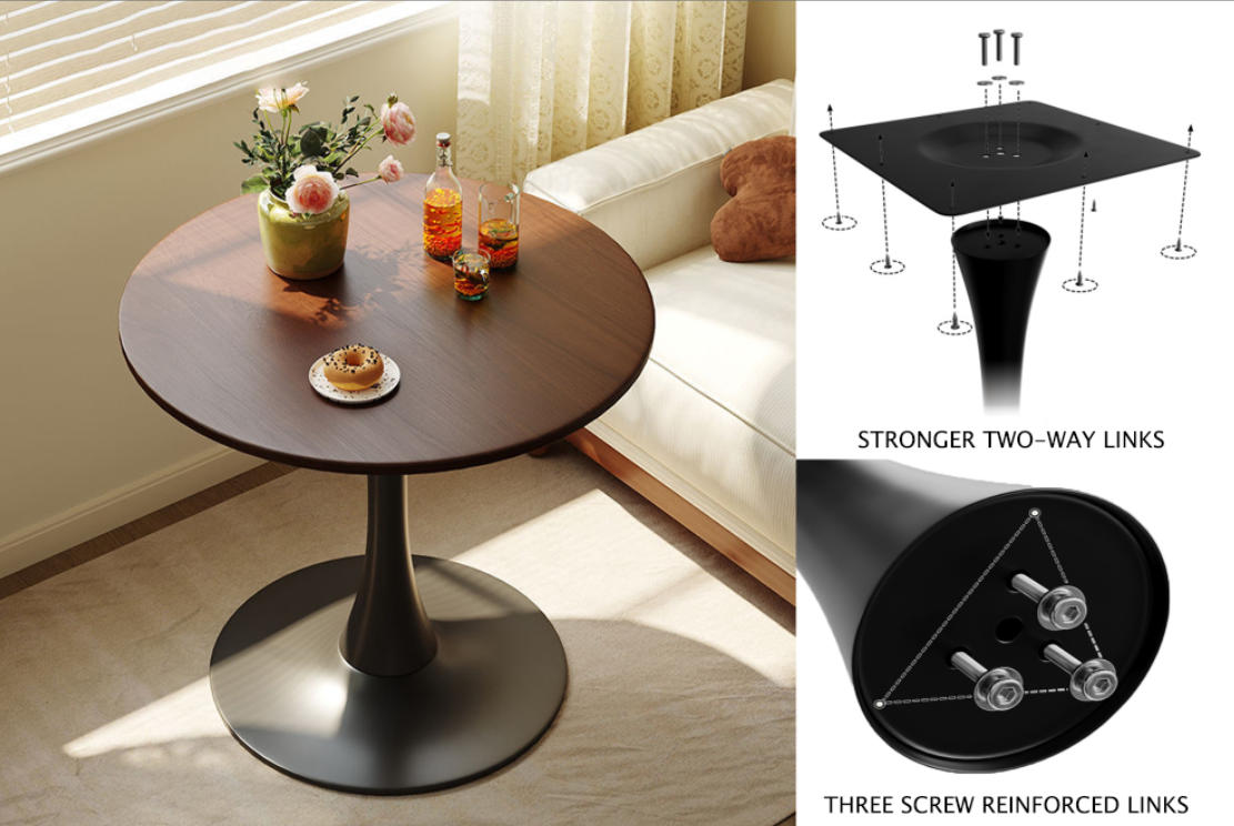 Round dark wood table with a vase of flowers and bottles in a living room setting, with technical diagram on the right.