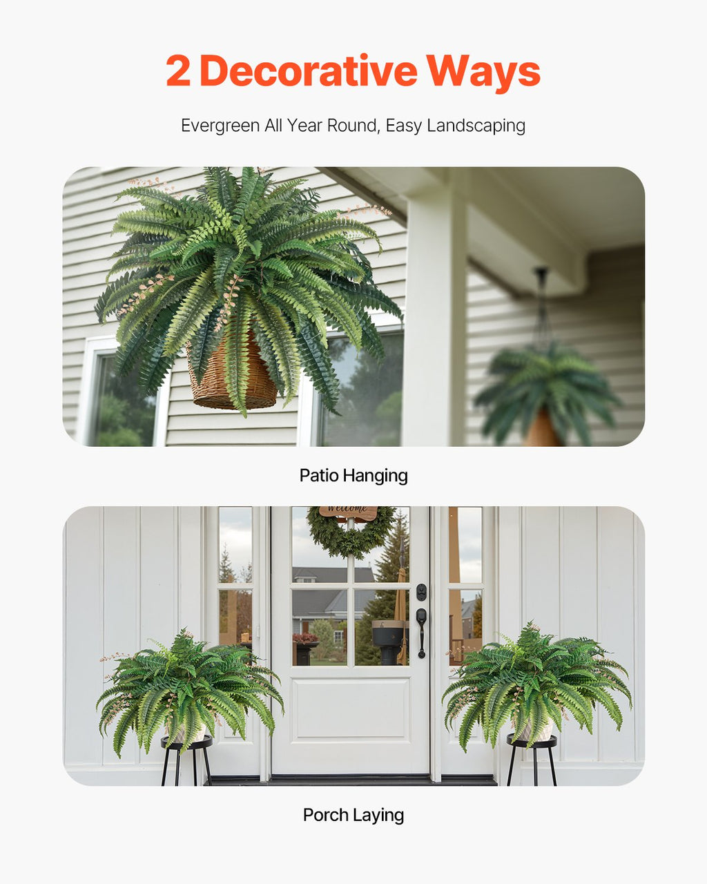 Two decorative ways to use plants on a house exterior with text '2 Decorative Ways' and 'Evergreen All Year Round, Easy Landscaping'.
