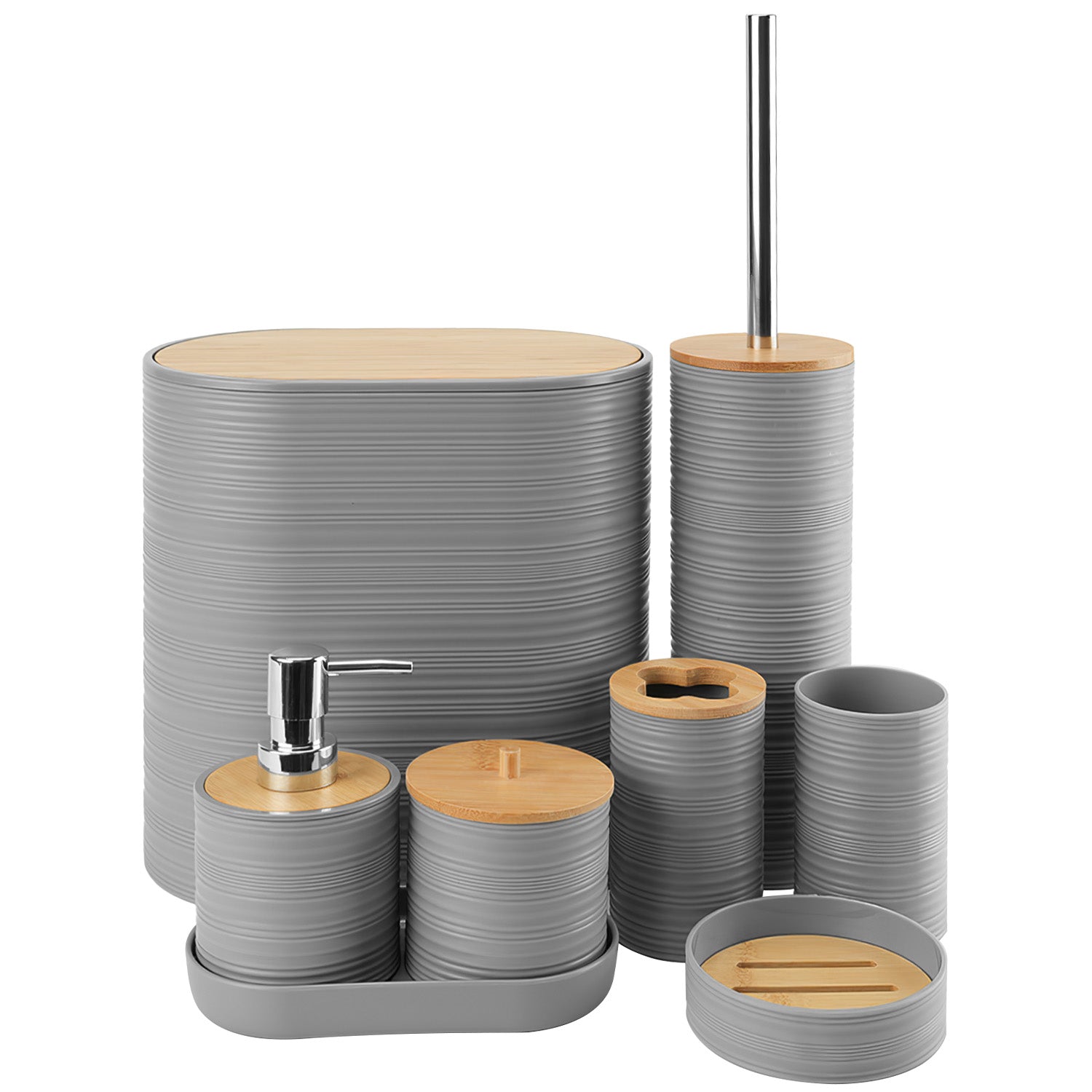 8-Piece Bathroom Accessories Set with Soap Dispenser, Toothbrush Holder, Trash Can & More – ABS & Bamboo