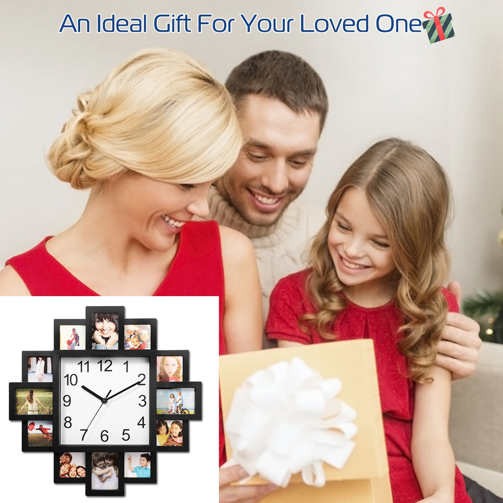 Family with a decorative wall clock featuring multiple photo frames.