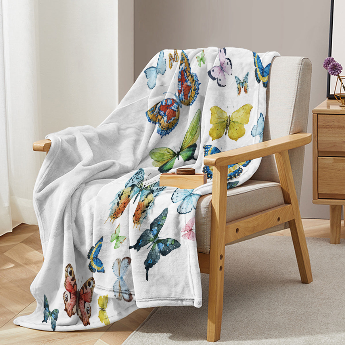 Reversible Sherpa Throw Blanket — Colorful Butterfly Print | All-Season Flannel Fleece