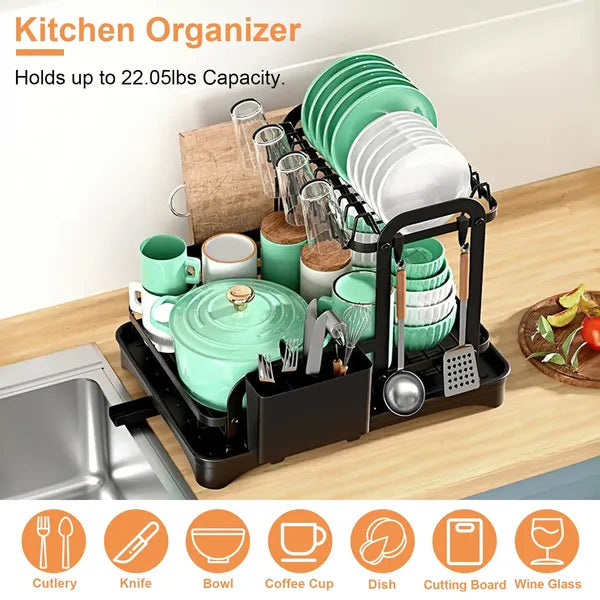 Kitchen organizer with dishes on a wooden countertop