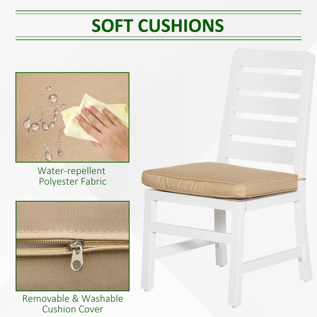White chair with beige cushion, showing water-repellent fabric and removable washable cover features.