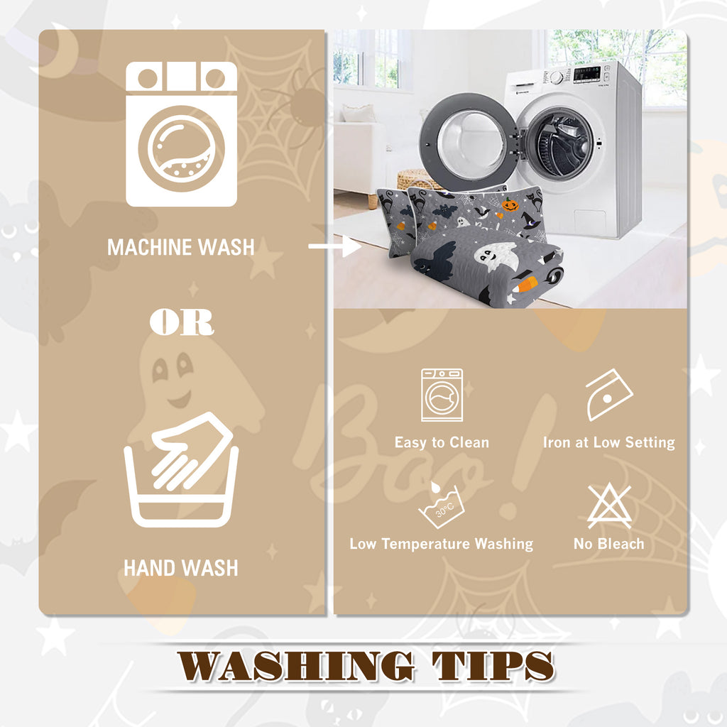Washing tips for a fabric with ghost design, including washing instructions and care symbols.