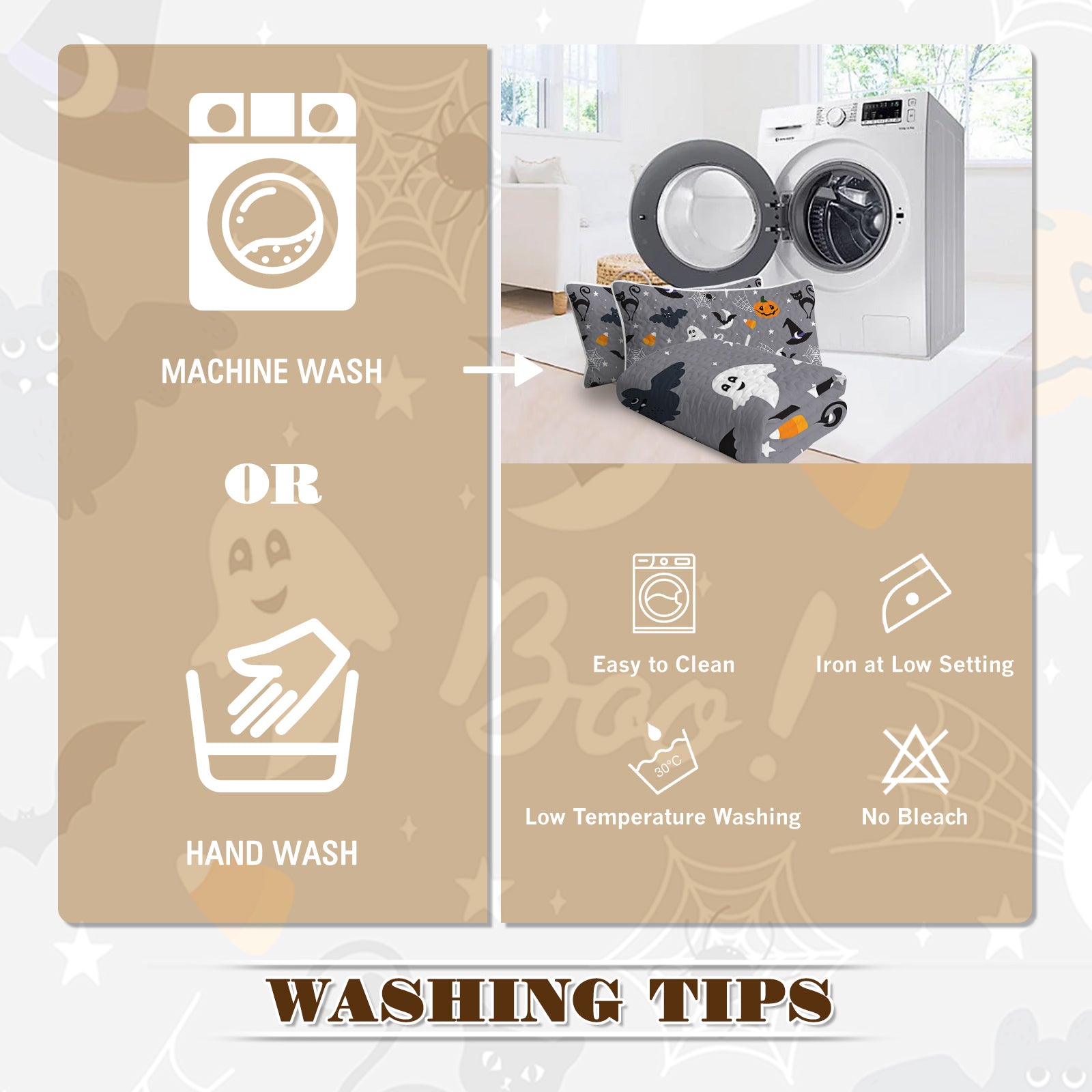 Washing tips for a fabric with ghost design, including washing instructions and care symbols.