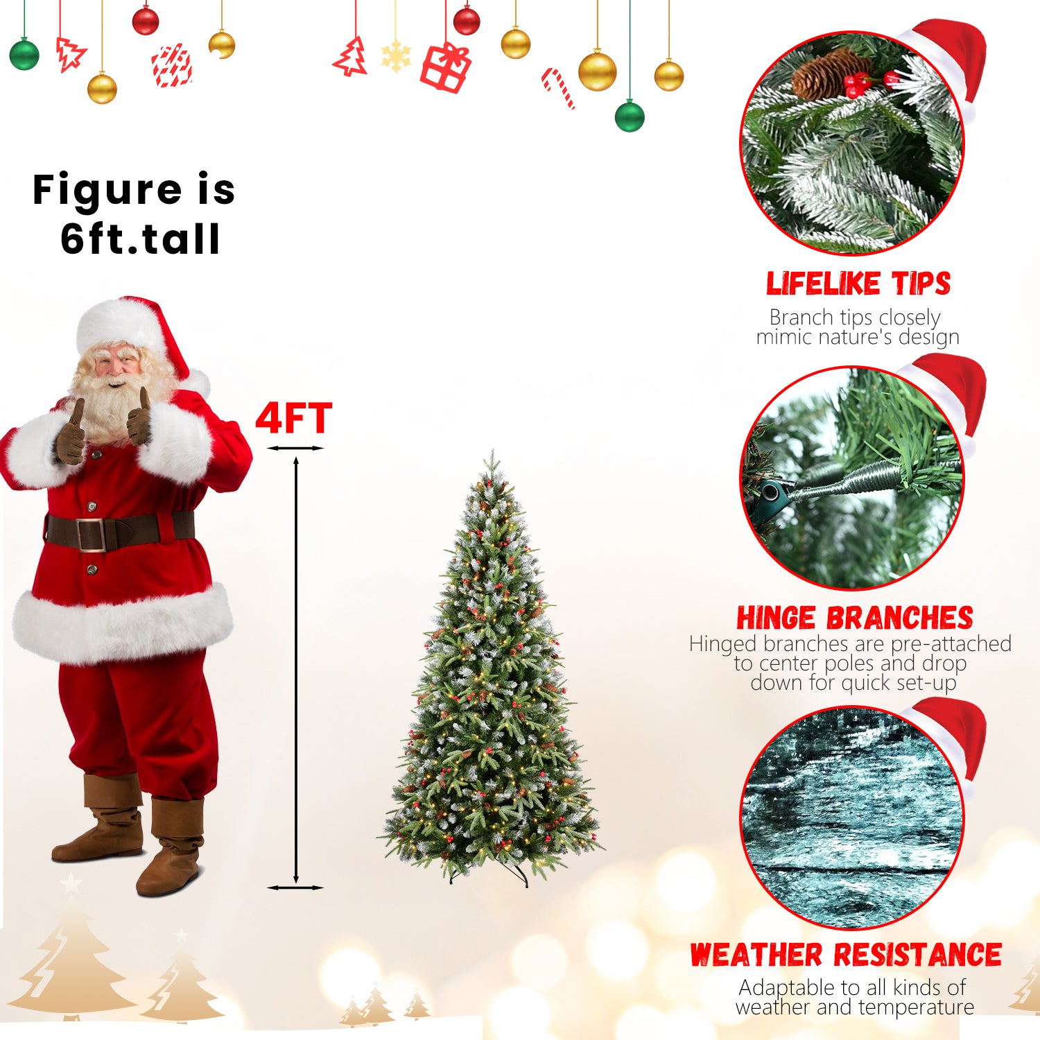 Christmas tree with Santa Claus figure and product features on a white background