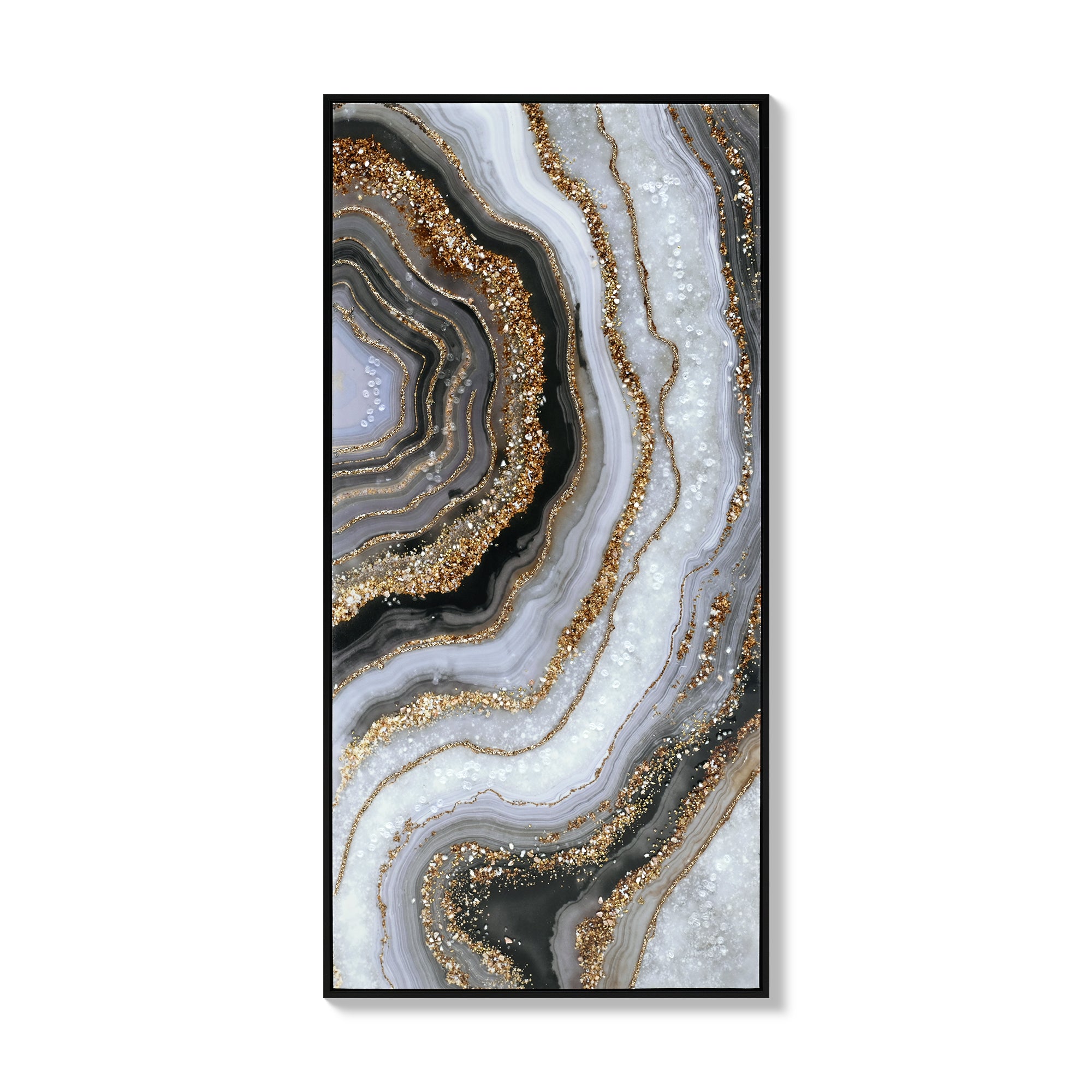 Black & Gold Abstract Wall Art — Hand-Painted Canvas with Marble Texture | 20”×40”