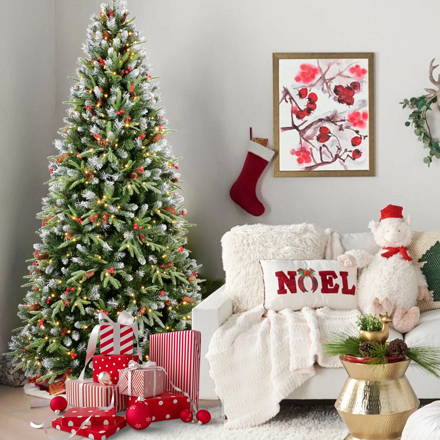 Cozy living room decorated for Christmas with a tree, stockings, and festive decor.