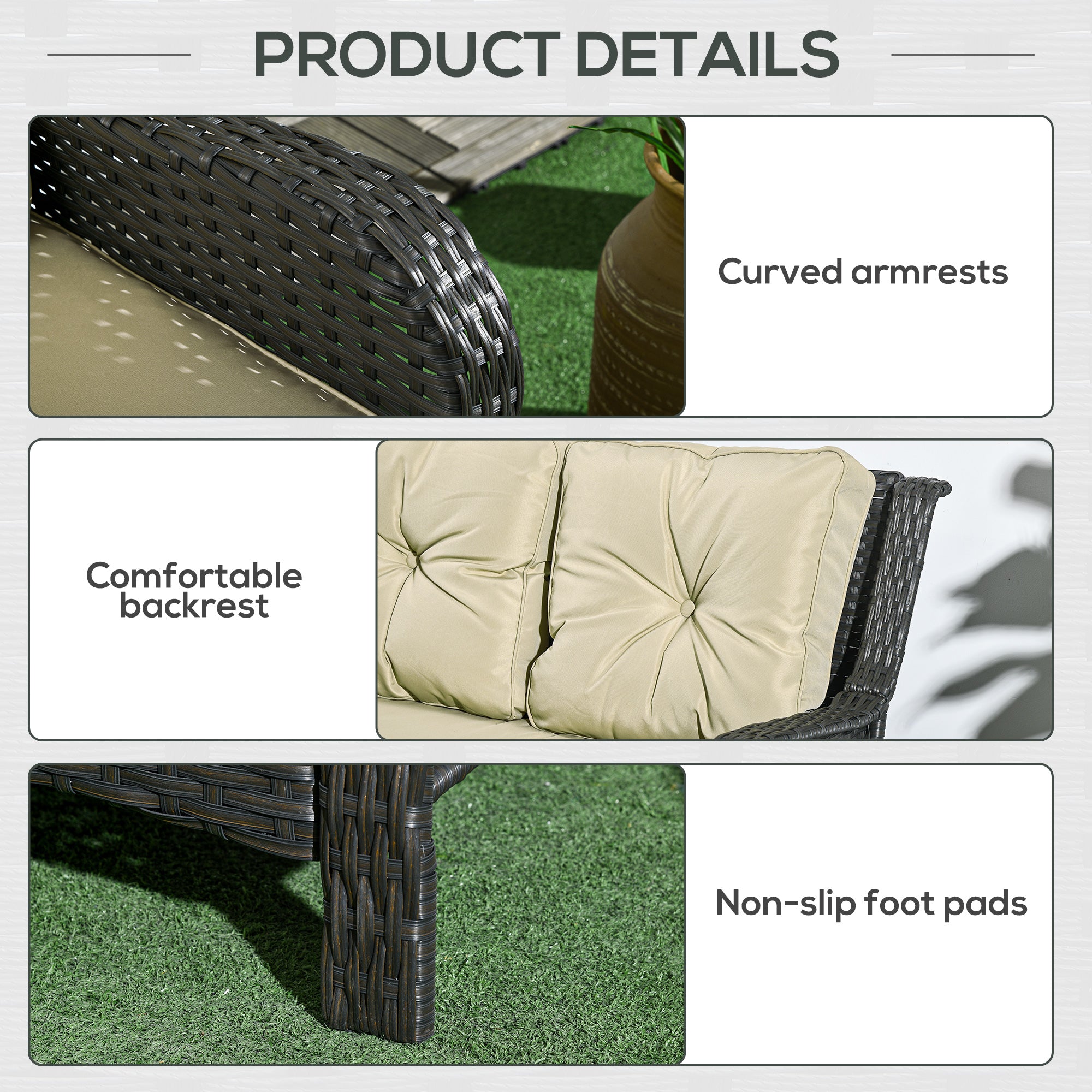 Product details of a wicker outdoor chair with curved armrests, comfortable backrest, and non-slip foot pads.