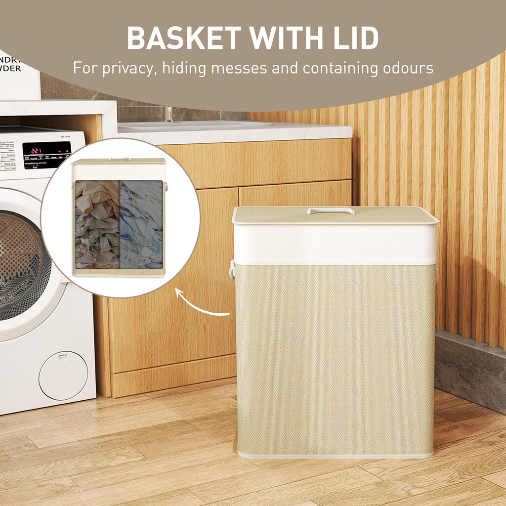 Beige laundry basket with lid in a laundry room setting