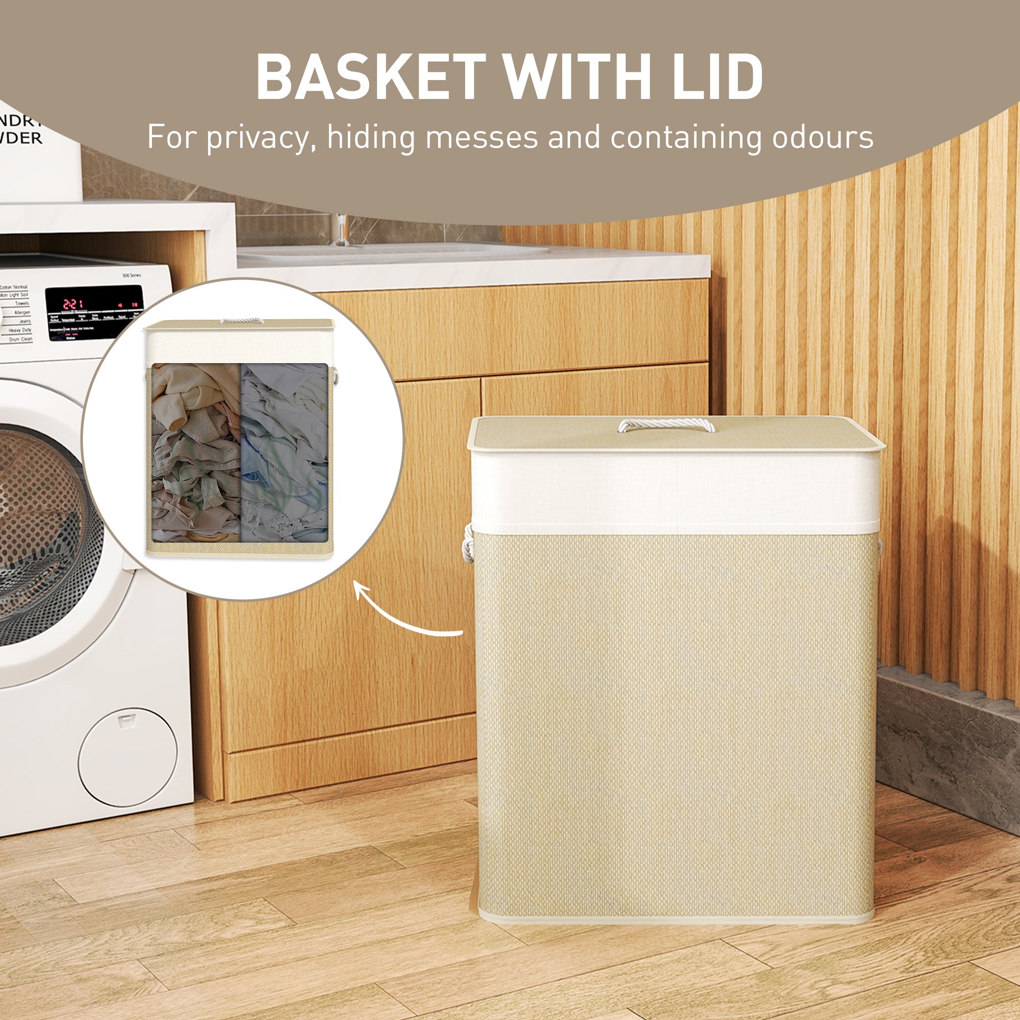 Beige laundry basket with lid in a laundry room setting