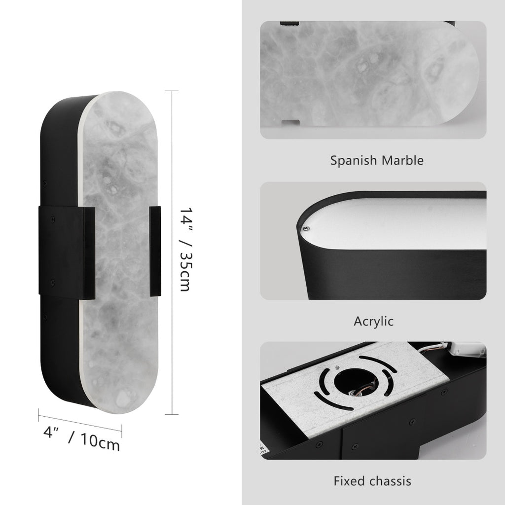 Product with marble and acrylic design elements, showing dimensions and material types.