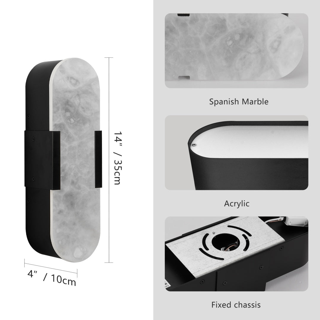 Product with marble and acrylic design elements, showing dimensions and material types.