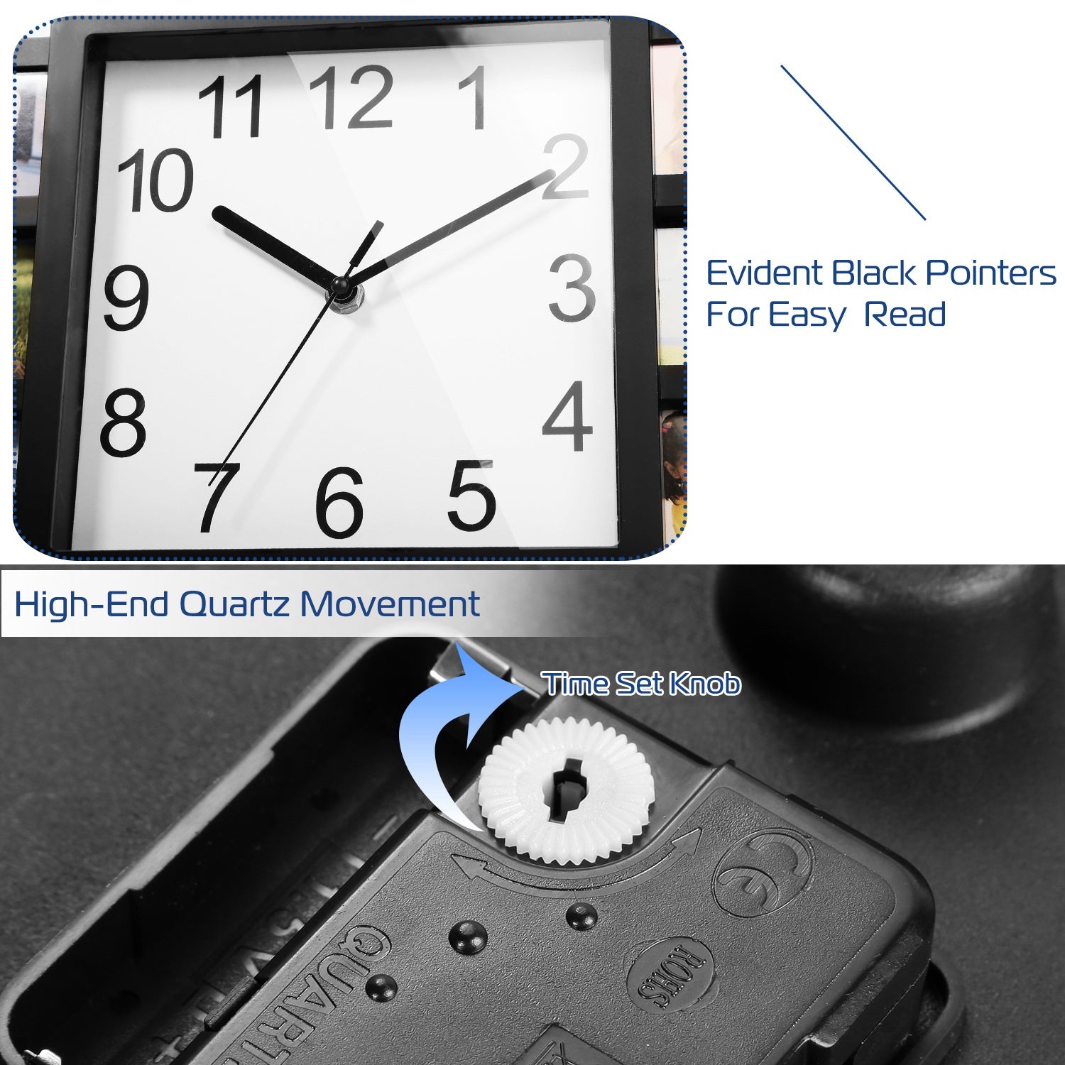 Square wall clock with black pointers and high-end quartz movement mechanism.