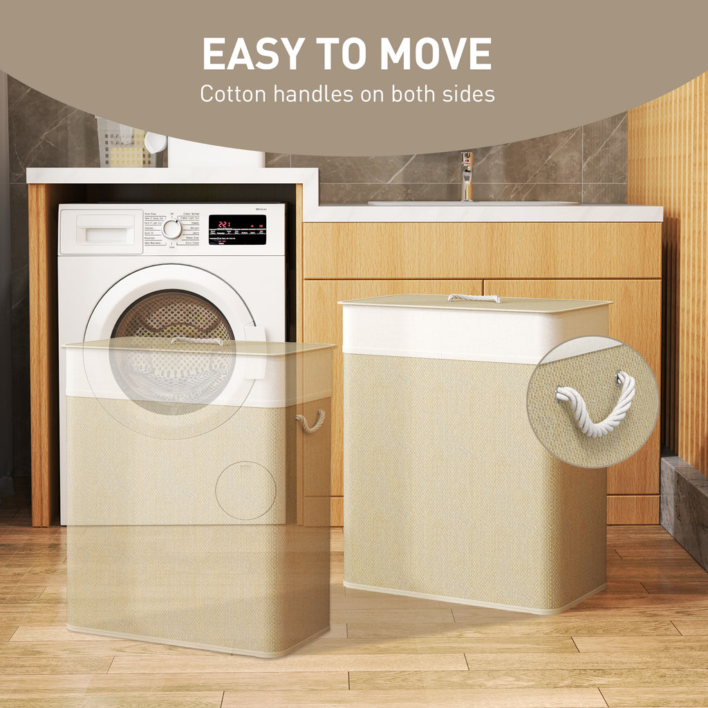 Beige laundry baskets with cotton handles on both sides, placed next to a washing machine in a laundry room.